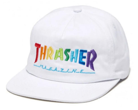 THRASHER MAGAZINE LOGO SNAPBACK CAP - WHITE/RAINBOW
